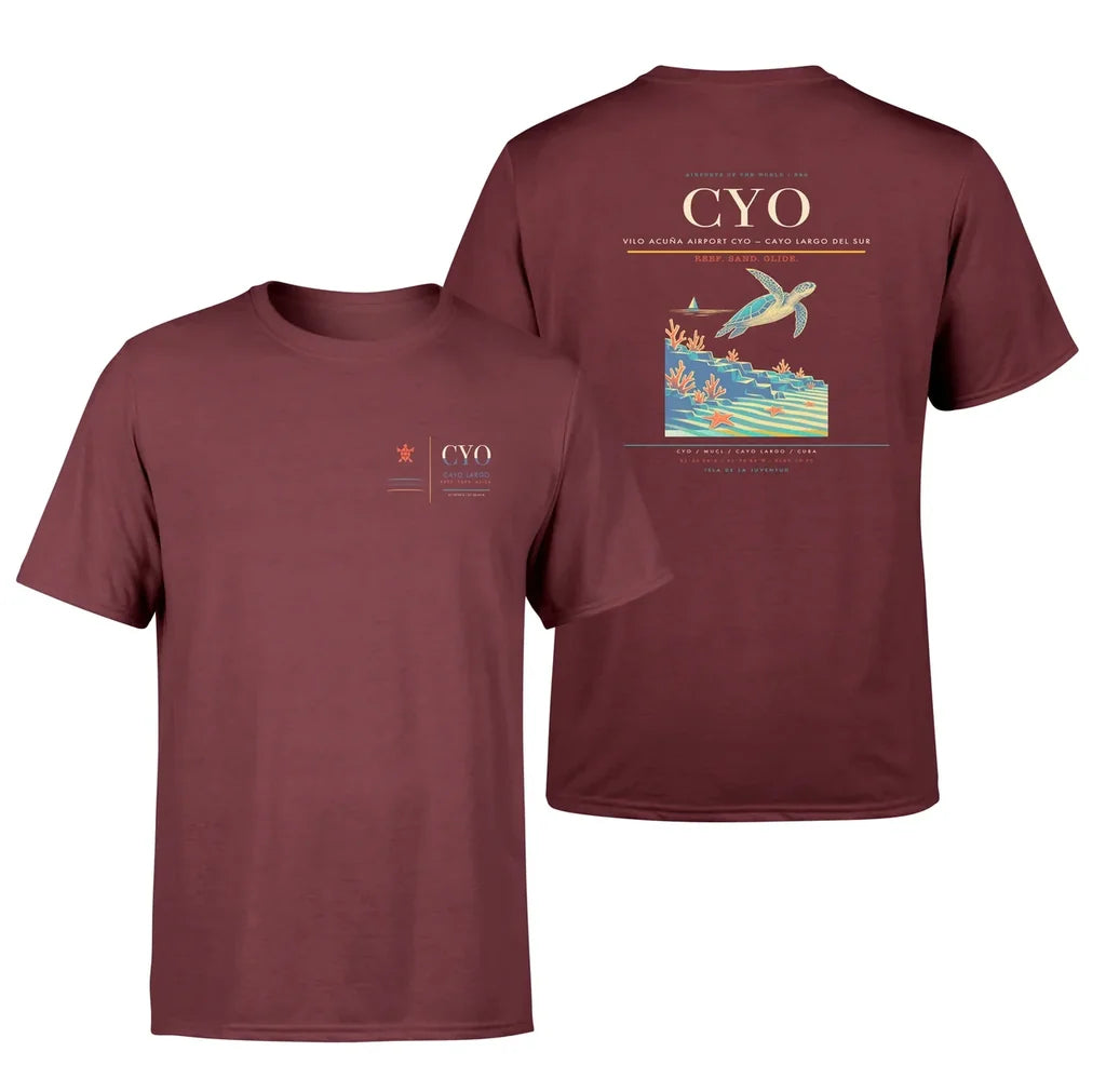 Vilo Acuña Airport (CYO) design printed on dark red double-side t-shirt