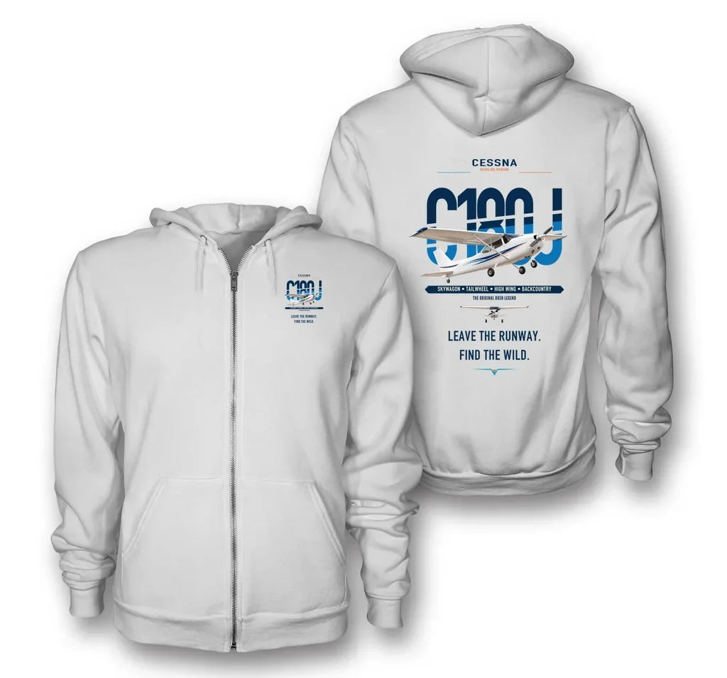 Cessna 180J Skywagon design on white premium zipped hoodie, double-side print