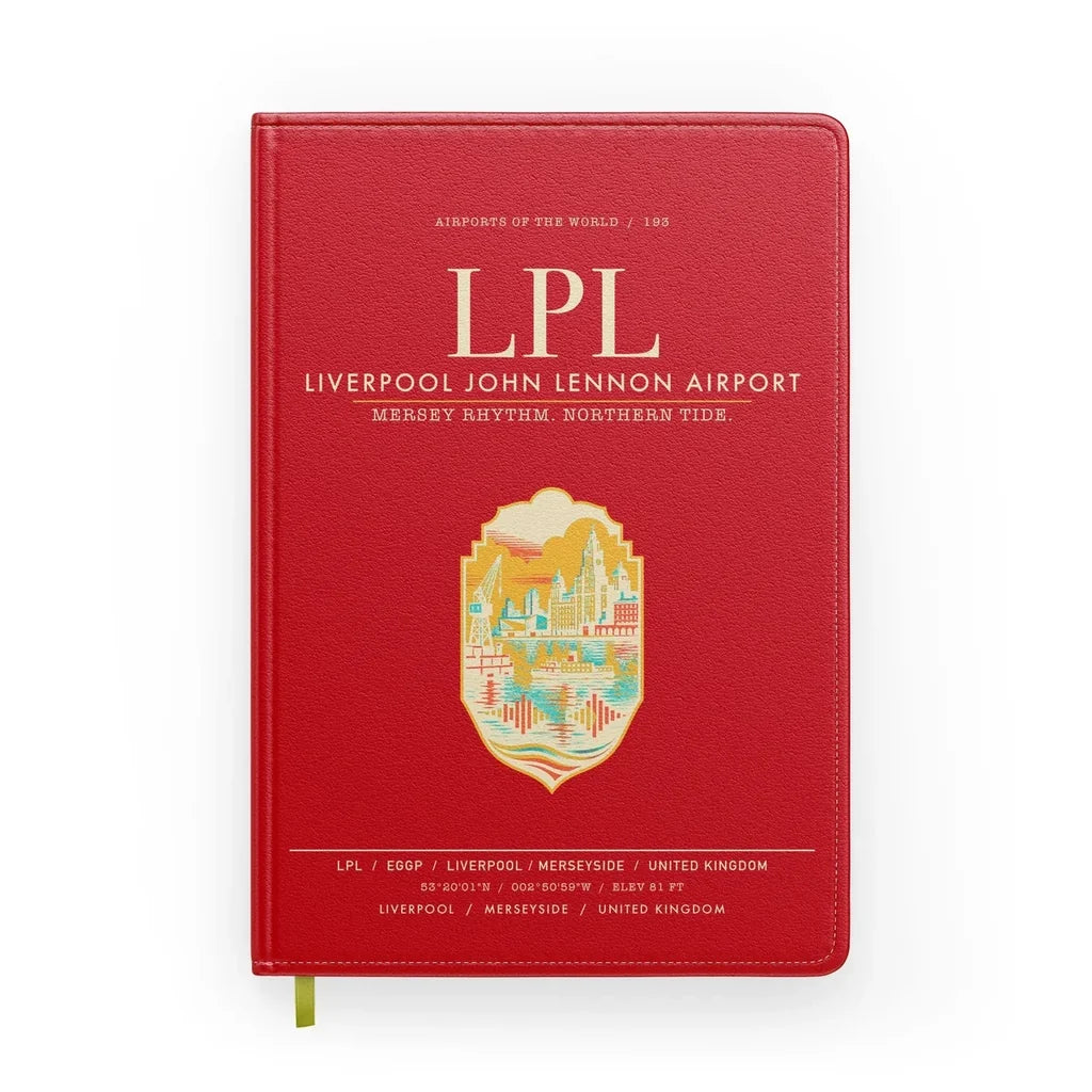 Liverpool John Lennon Airport (LPL) design on red notebook