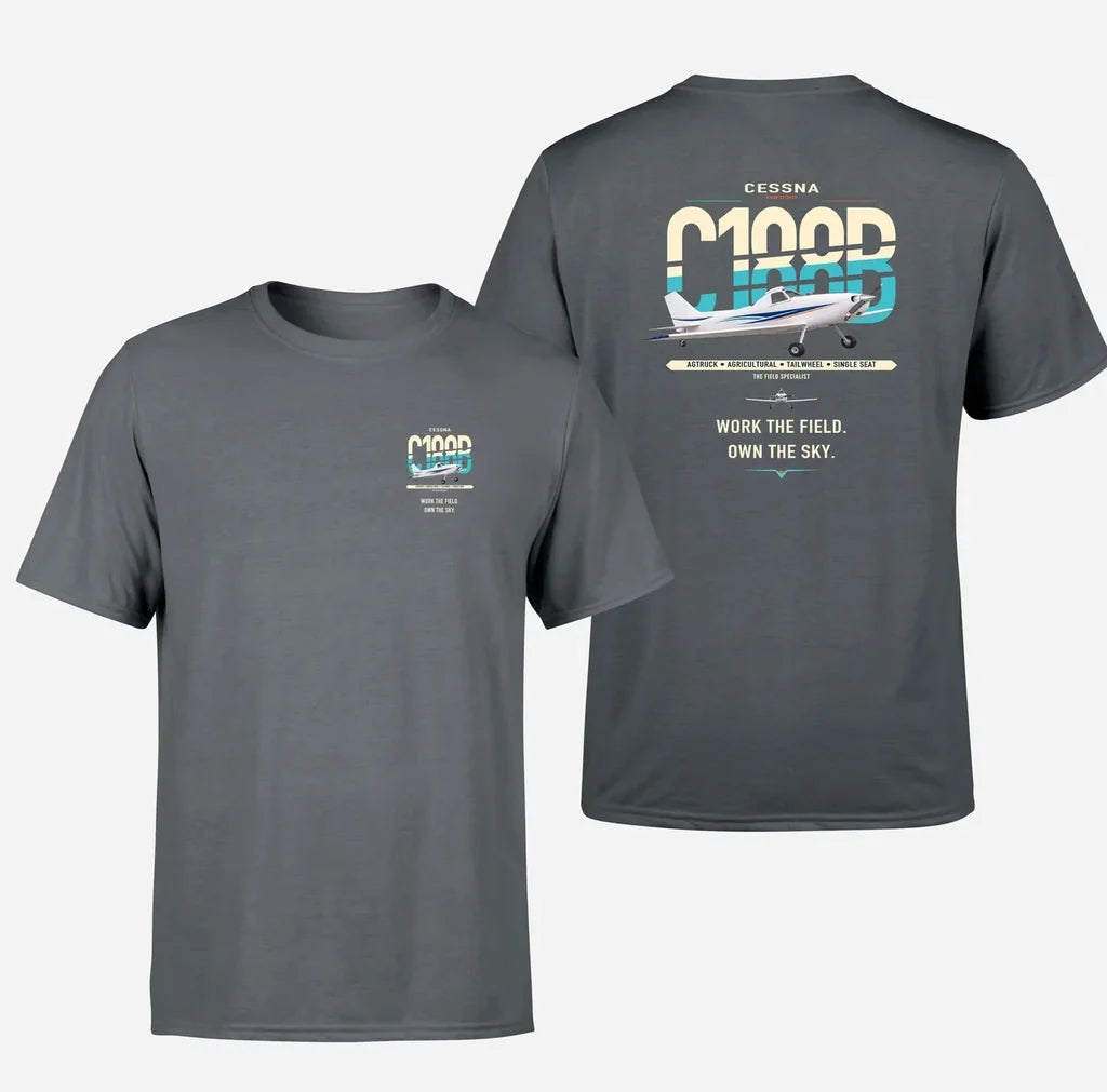 Cessna A188B AgTruck design on gray t-shirt, double-side print