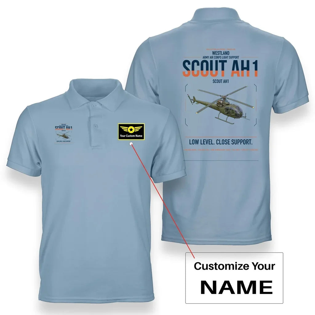 Westland Scout AH1 design on light blue+name double-side polo t-shirt, double-side print