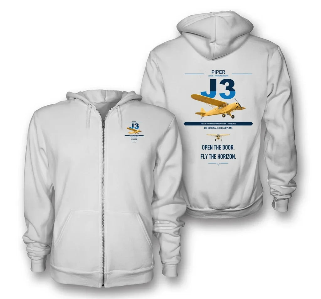 Piper J-3 Cub design on white premium zipped hoodie, double-side print