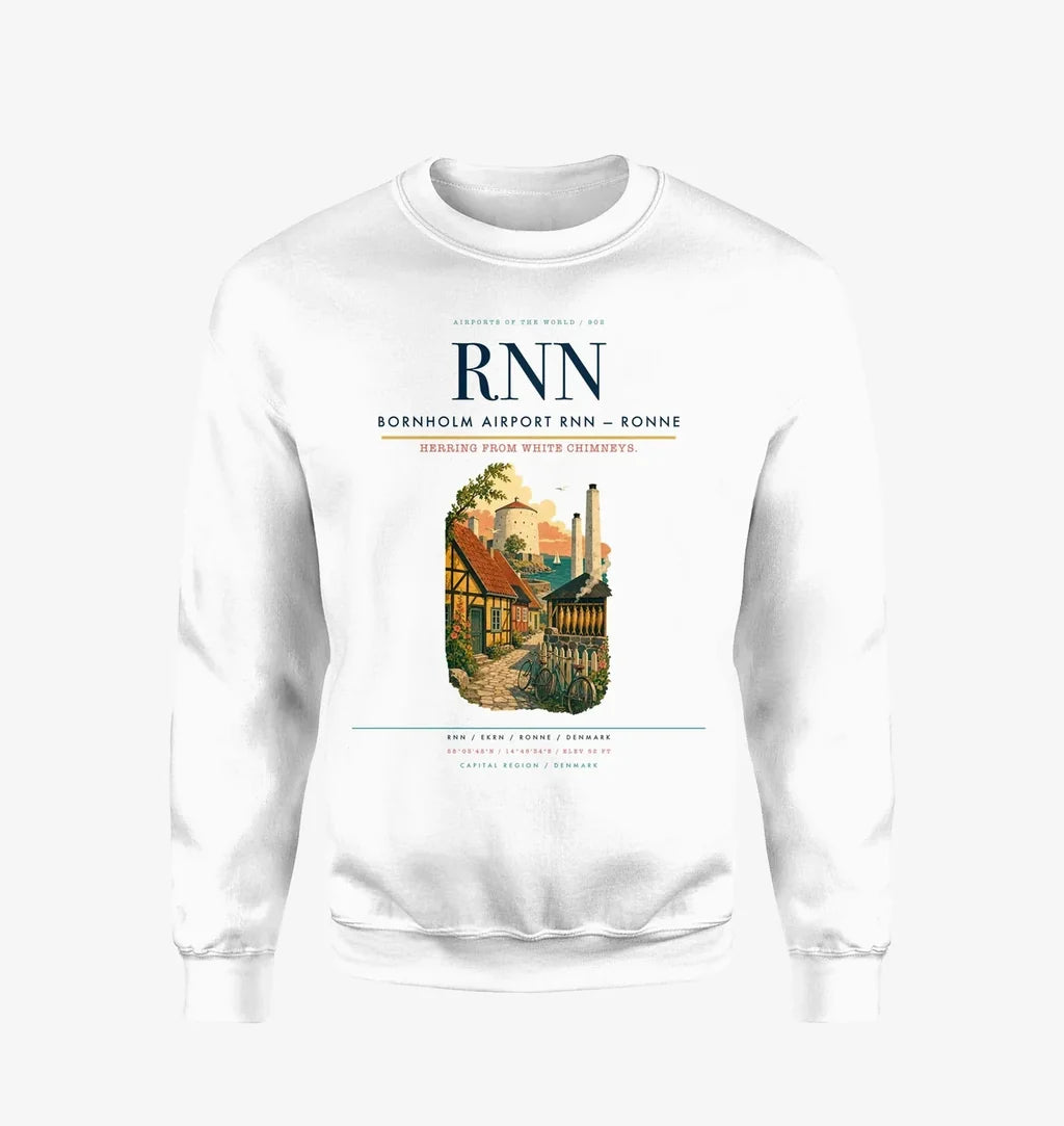 Bornholm Airport (RNN) design on white sweatshirt