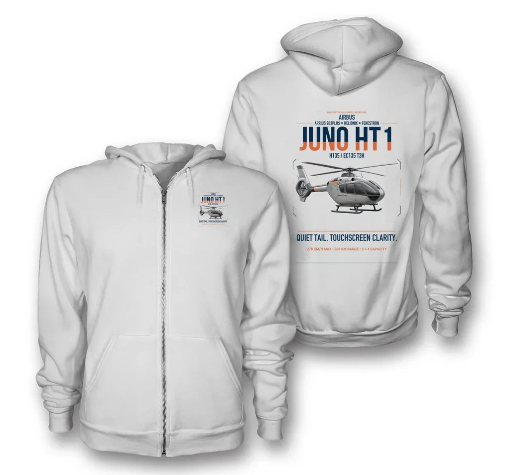 Airbus H135 Juno HT1 design on white premium zipped hoodie, double-side print