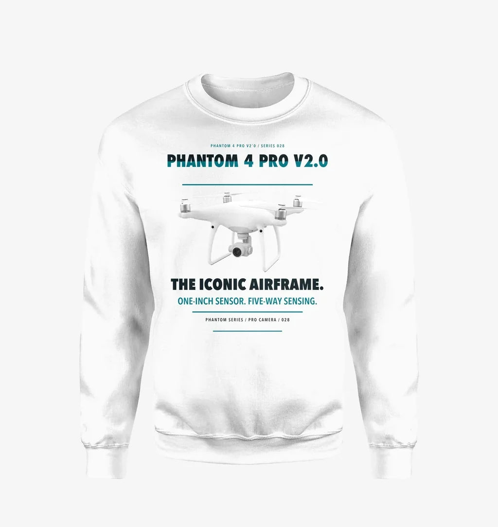 DJI Phantom 4 Pro V2.0 design on white sweatshirt