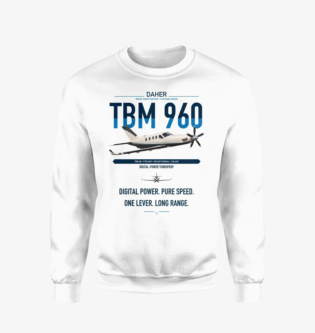 Daher TBM 960 design on white sweatshirt