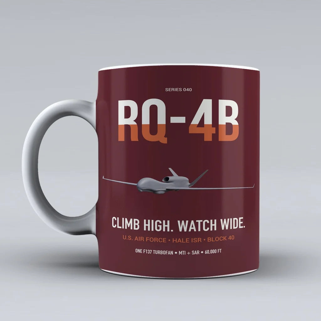 RQ-4B Global Hawk design on dark red ceramic mug, double-side print