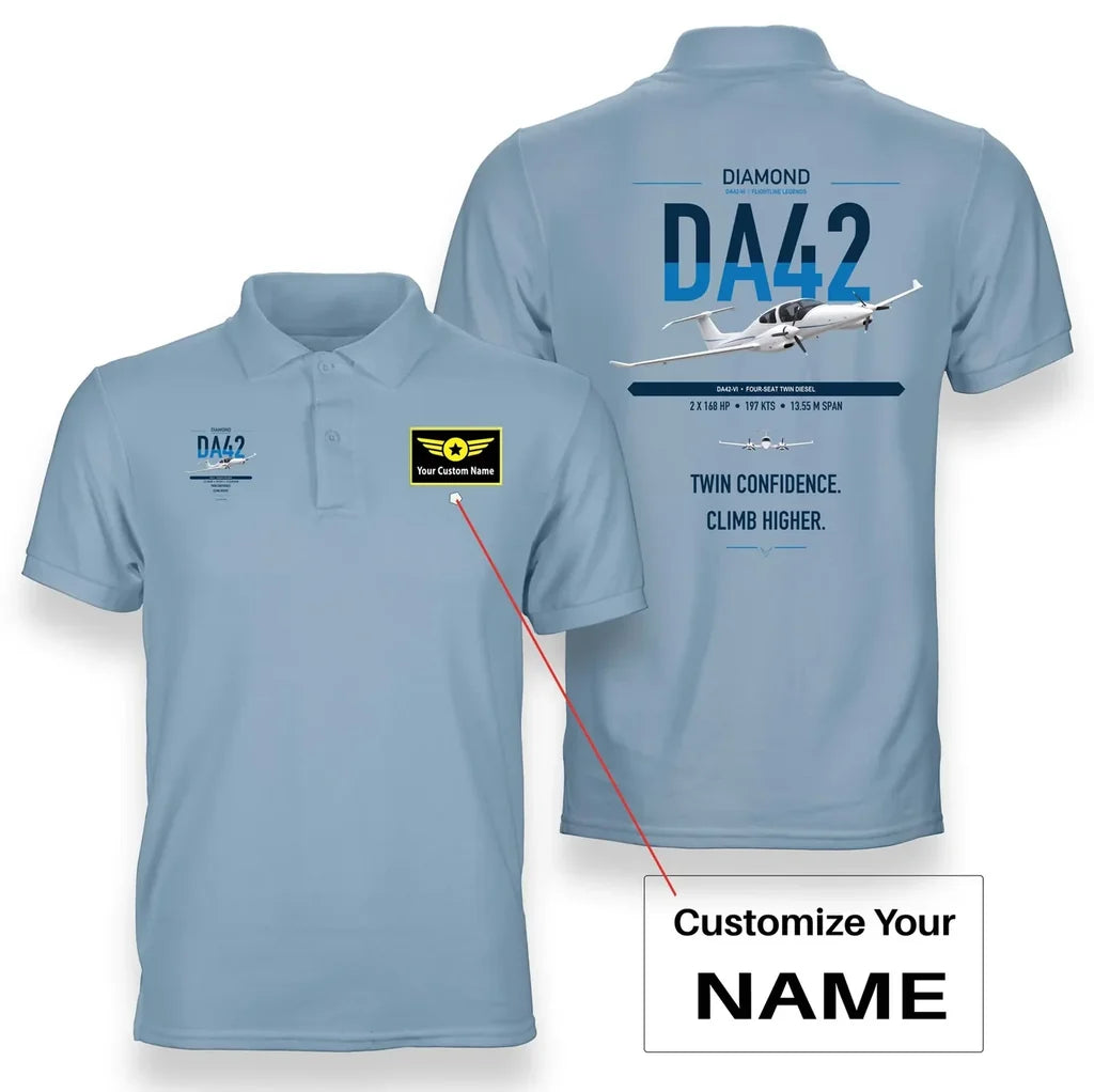 Diamond DA42-VI design on light blue+name double-side polo t-shirt, double-side print