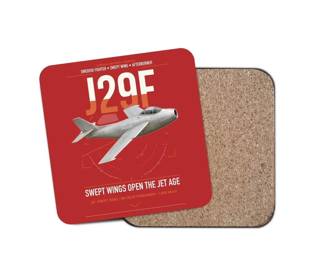 Saab J 29F Tunnan design on red 1 piece coaster