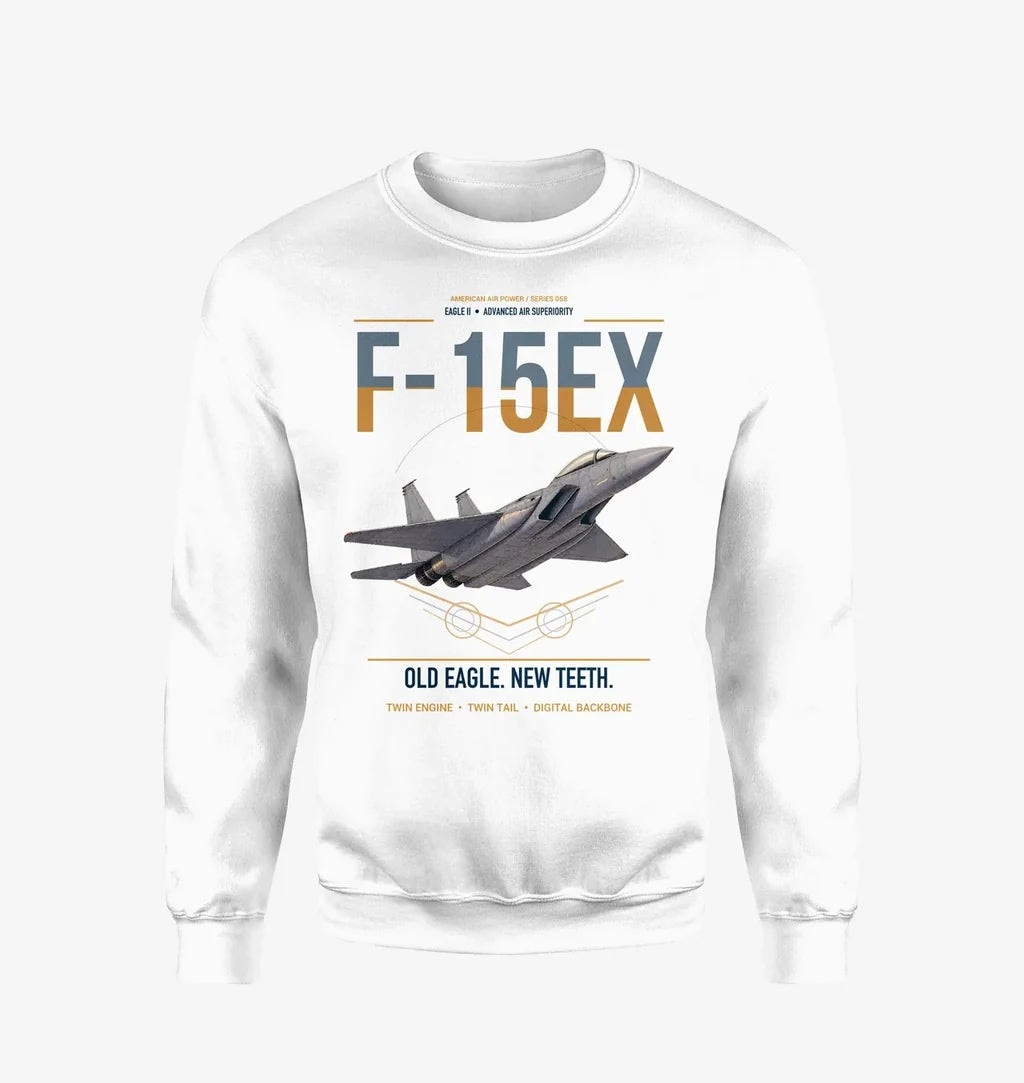 F-15EX Eagle II design on white sweatshirt