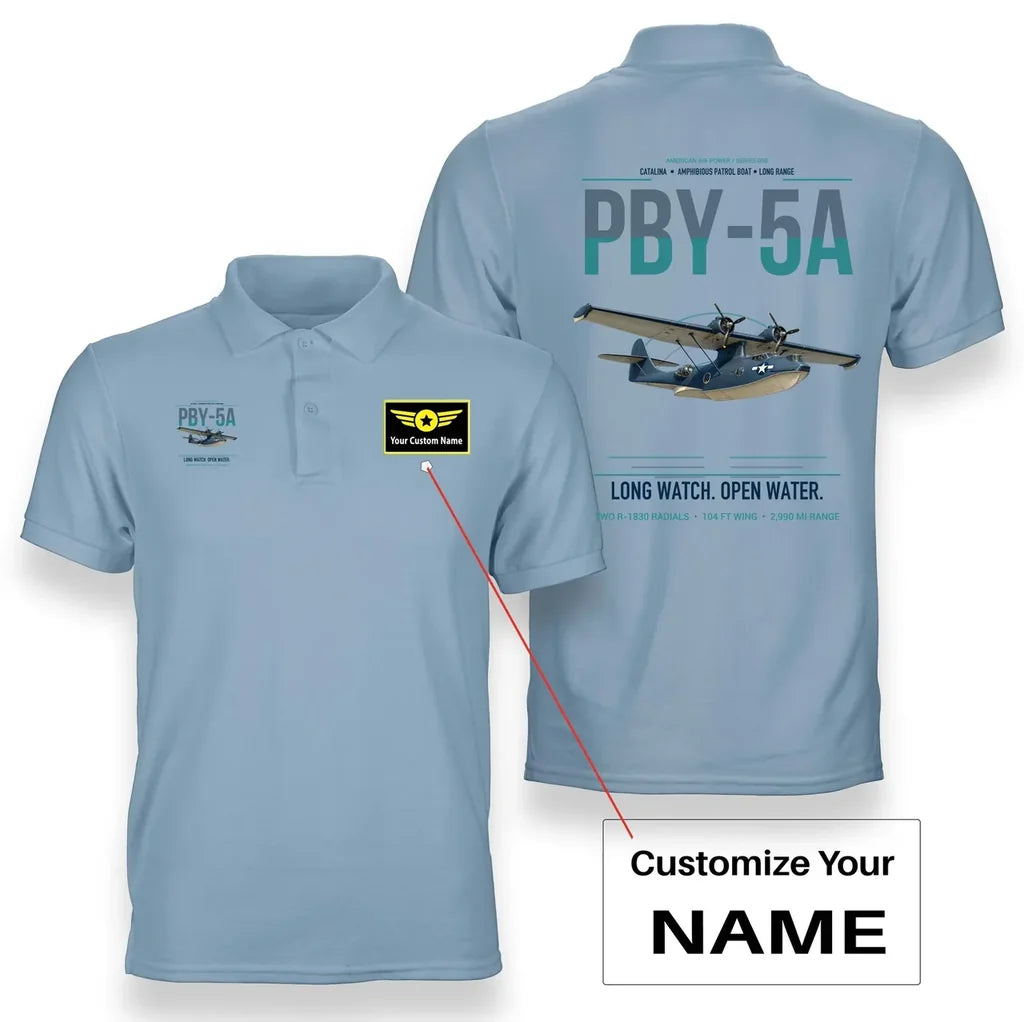 PBY-5A Catalina design on light blue+name double-side polo t-shirt, double-side print