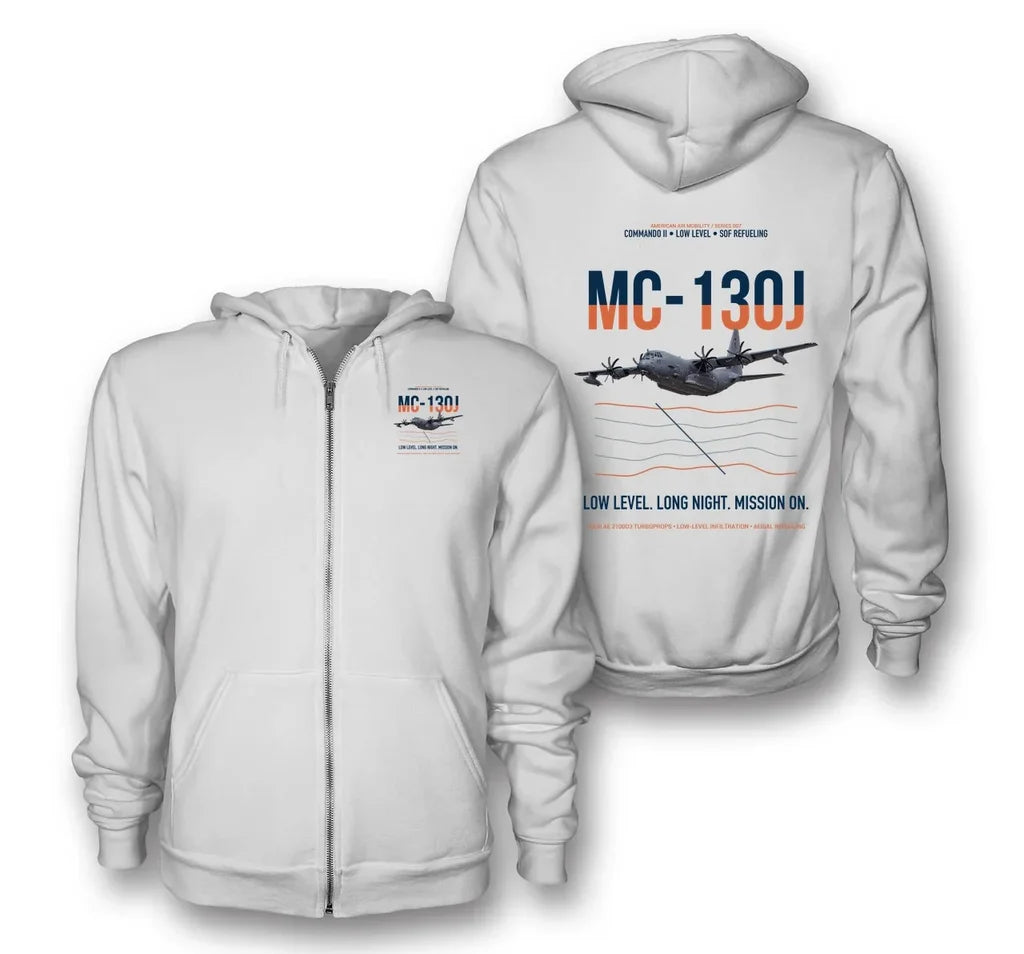 MC-130J COMMANDO II design on white premium zipped hoodie, double-side print