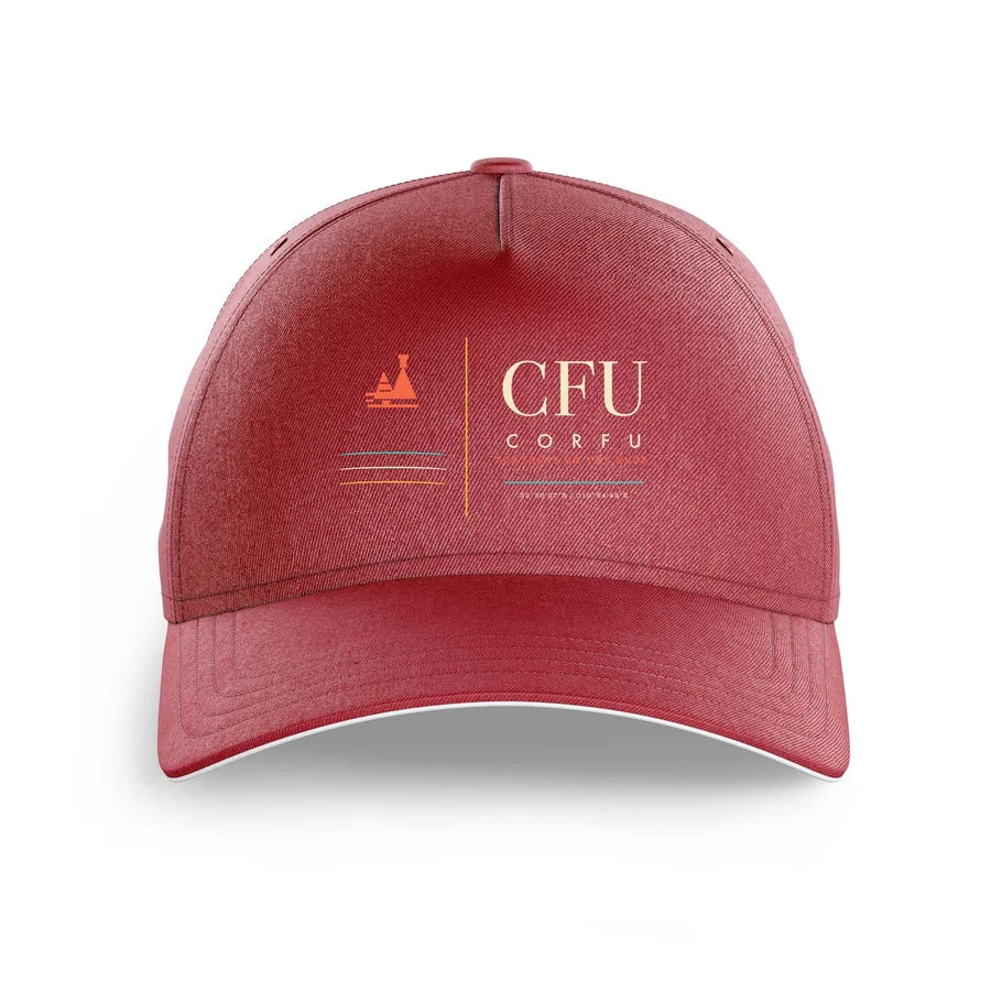 Corfu International Airport 'Ioannis Kapodistrias' (CFU) design on dark red printed hat