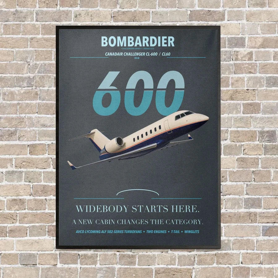 Bombardier Challenger 600 vertical canvas print - framed - gray background