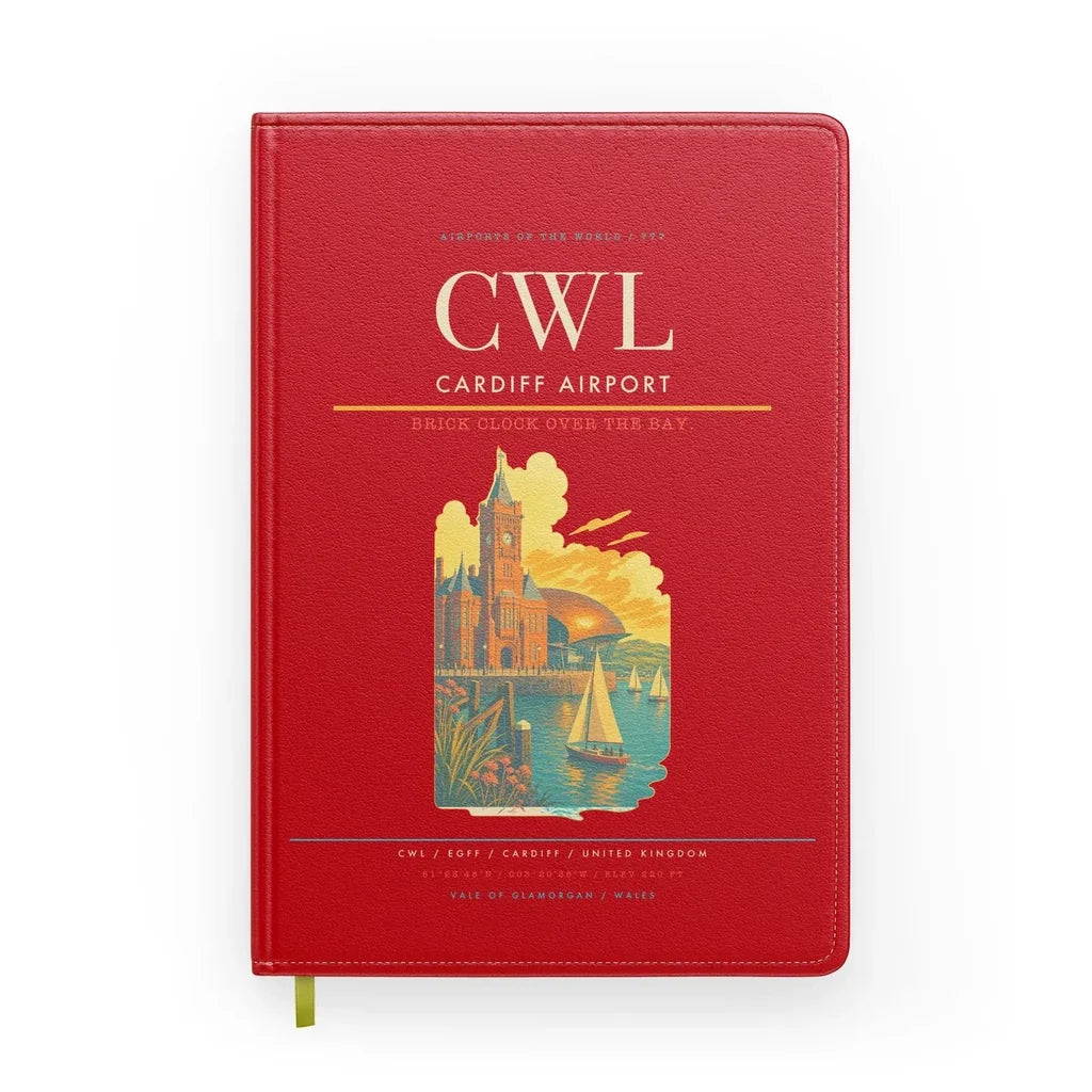 Cardiff Airport (CWL) design on red notebook