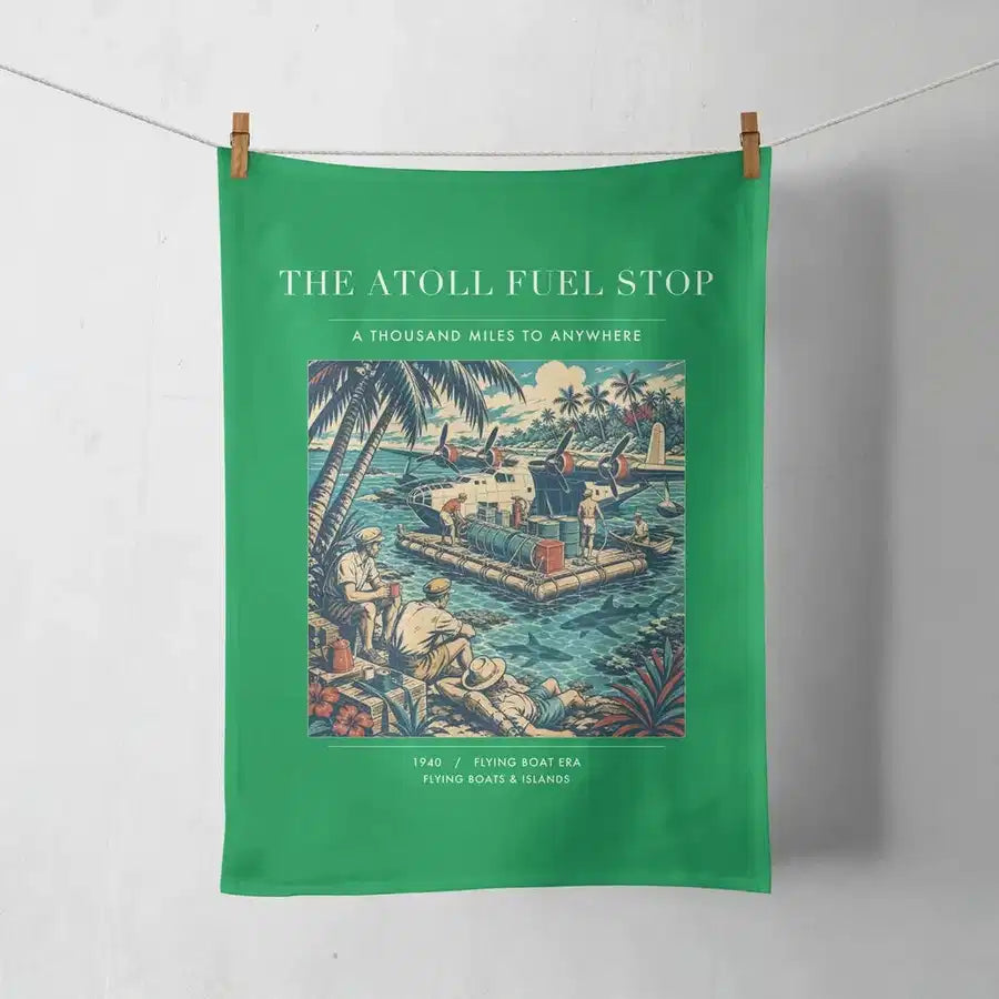 VINTAGE G4069 - The Atoll Fuel Stop - Designed Towels design on green