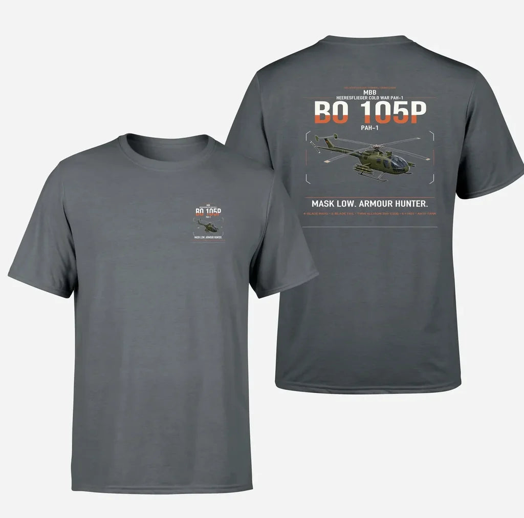 MBB BO 105P PAH-1 design on gray t-shirt, double-side print