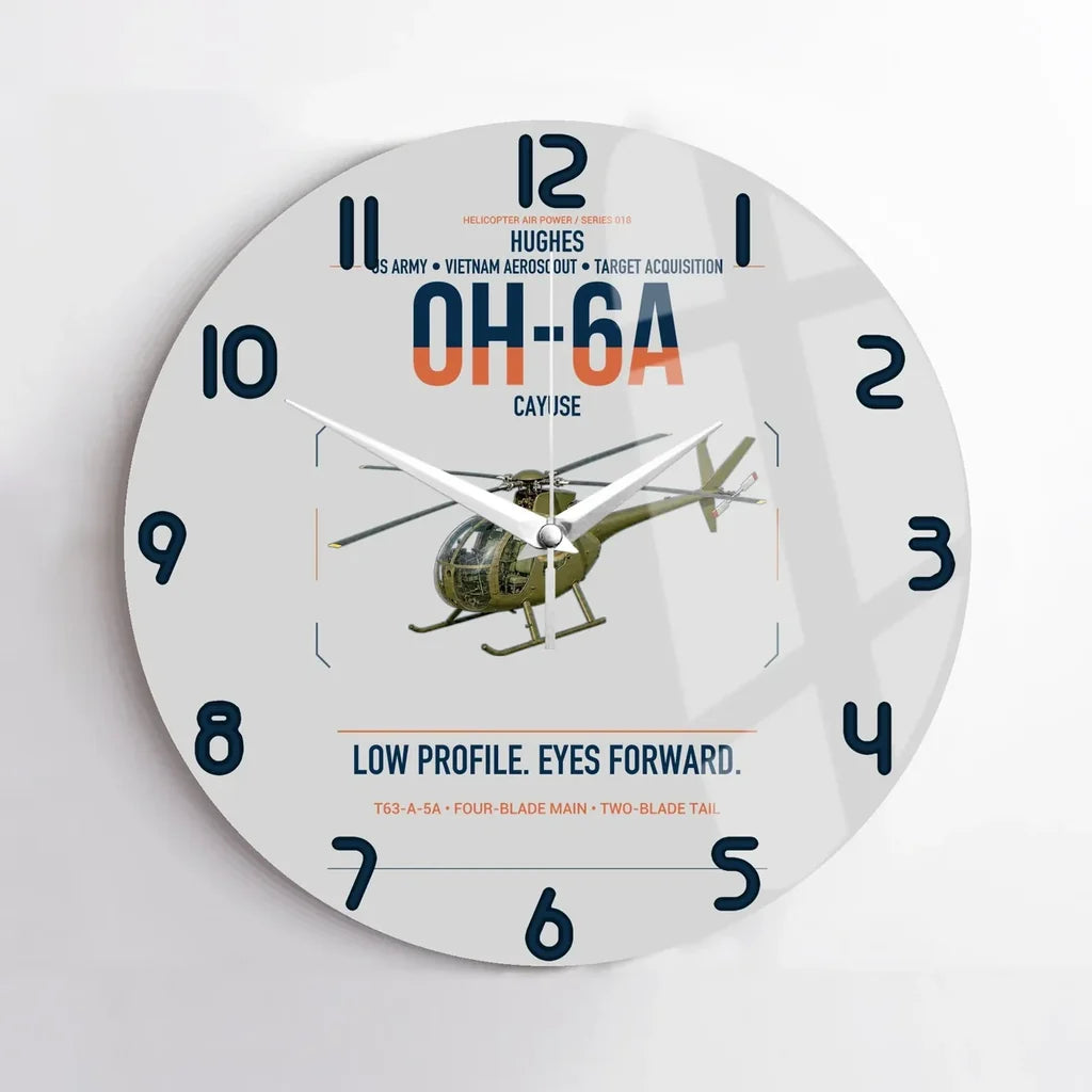 Hughes OH-6A Cayuse design on light gray no frame wall clock