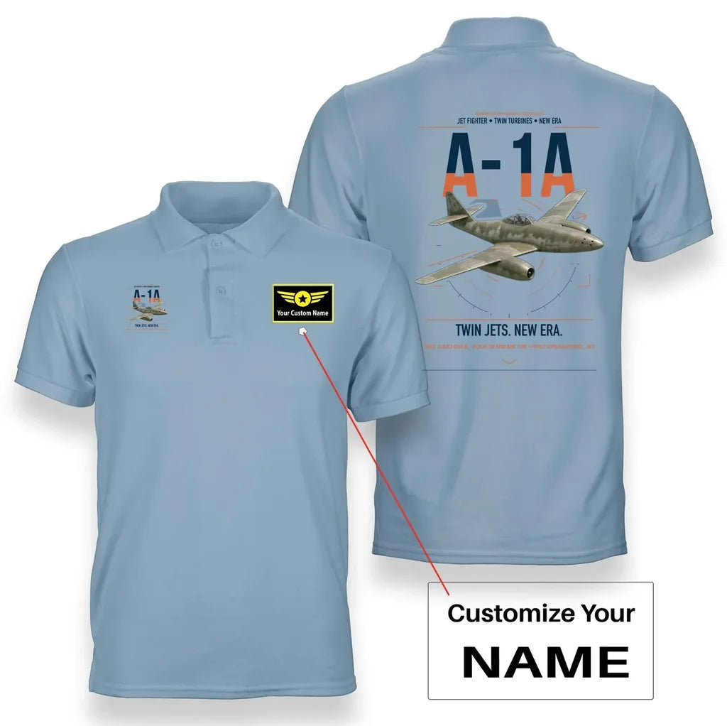 Messerschmitt Me 262A-1a design on light blue+name double-side polo t-shirt, double-side print