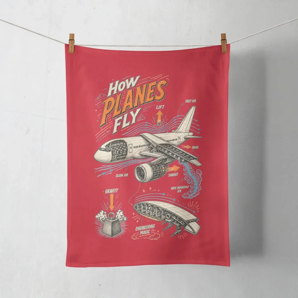 How Planes Fly V2 design on red towel