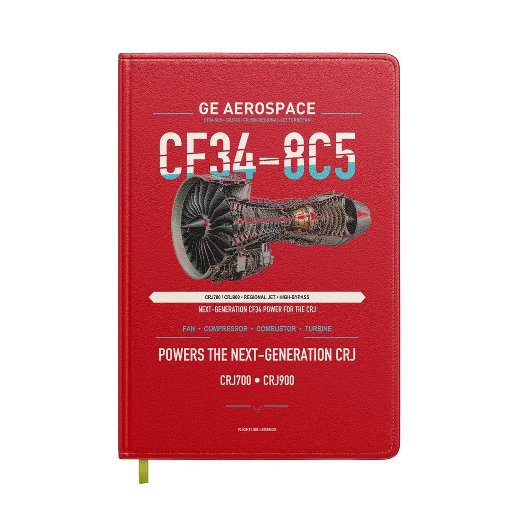 CF34-8C5 design on red notebook