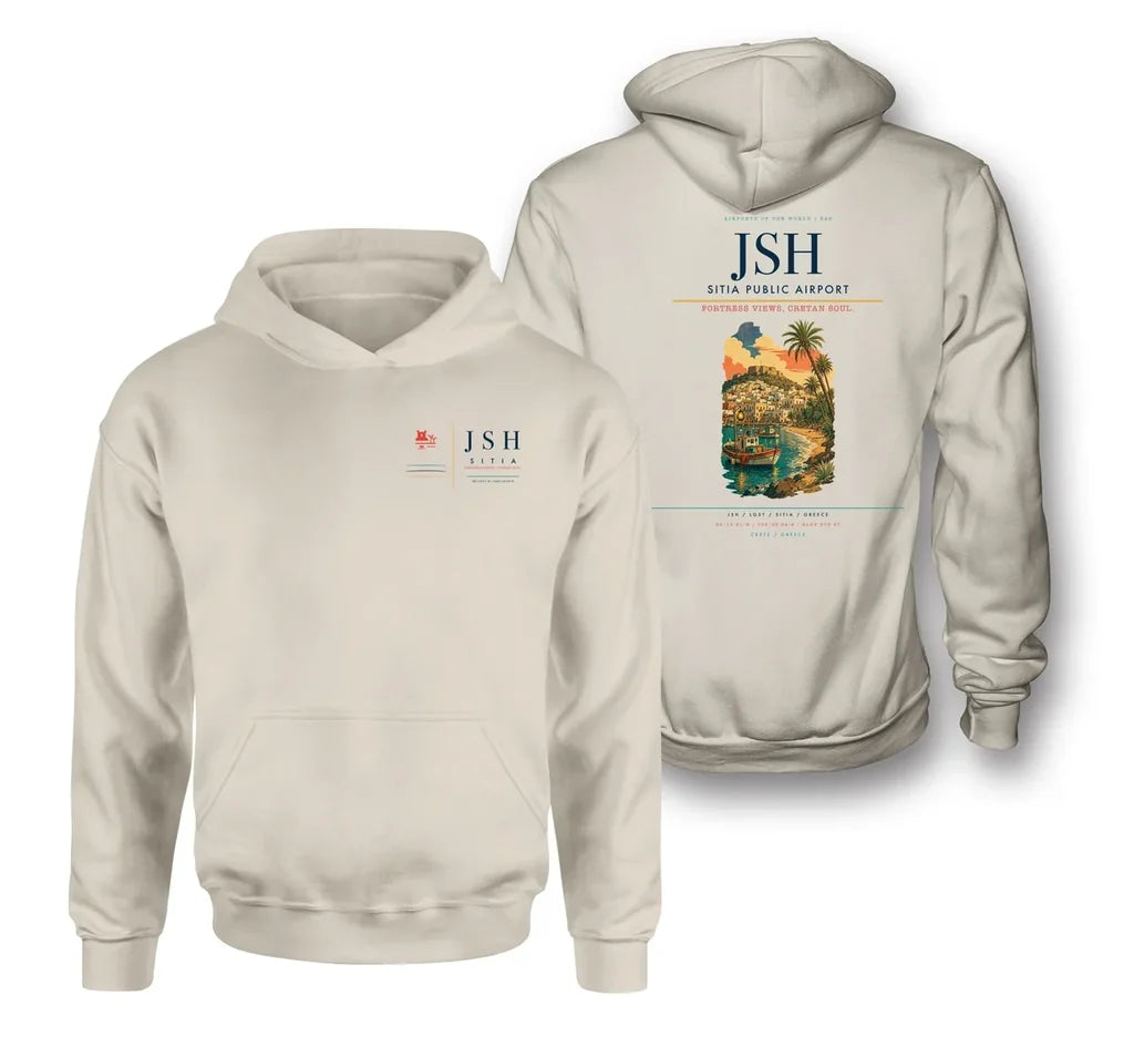 Sitia Public Airport (JSH) design on khaki double-side hoodie