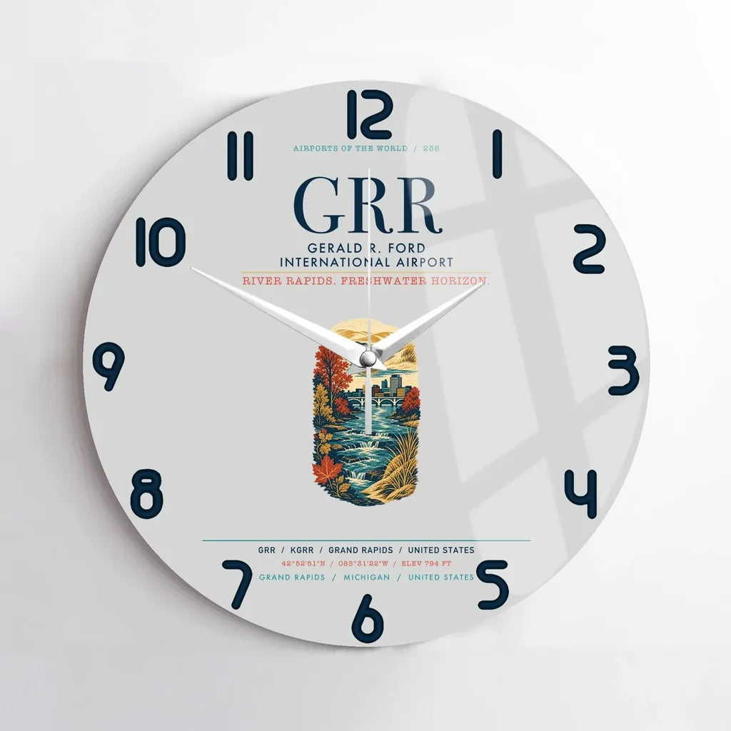 Gerald R. Ford International Airport Grand Rapids (GRR) design on light gray no frame wall clock