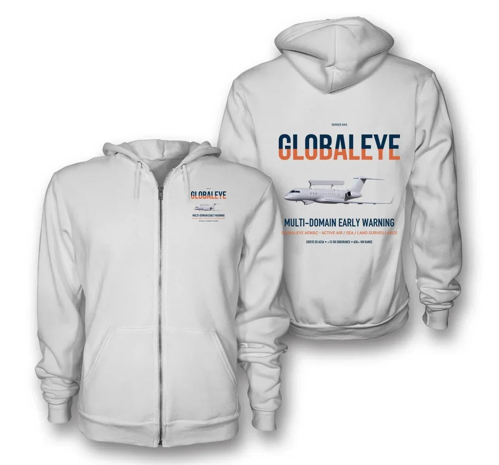 Saab GlobalEye design on white premium zipped hoodie, double-side print