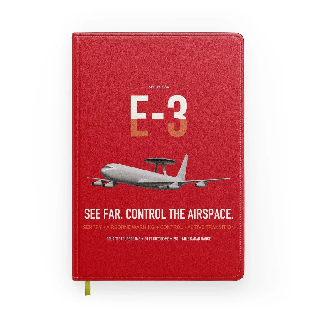 E-3 Sentry AWACS design on red notebook