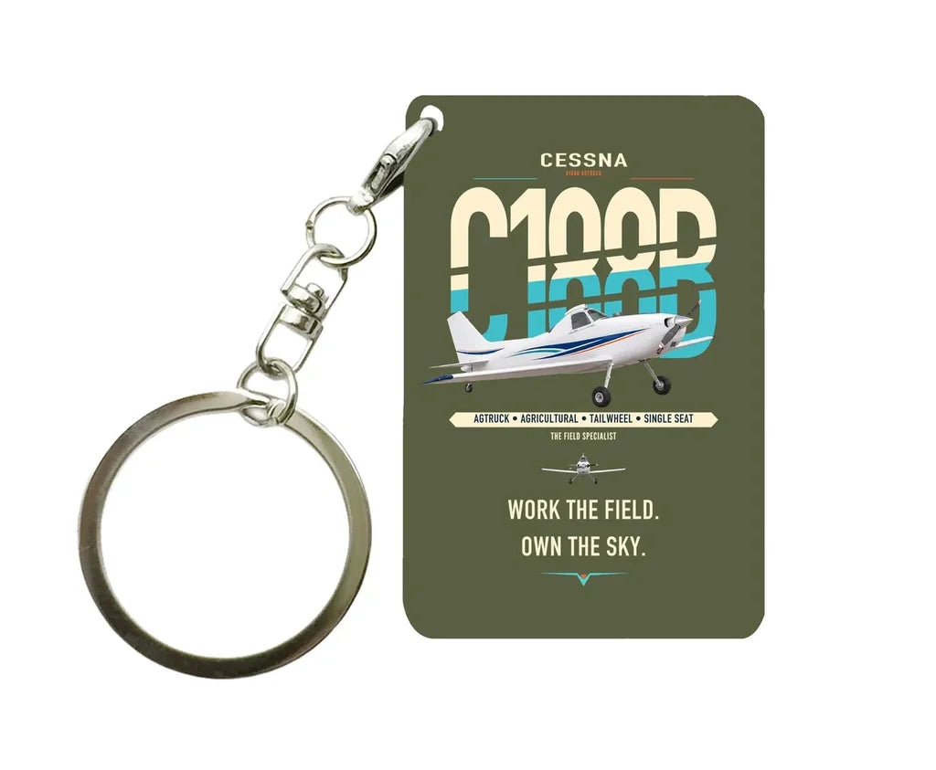 Cessna A188B AgTruck design on green army designed key chain, double-side print