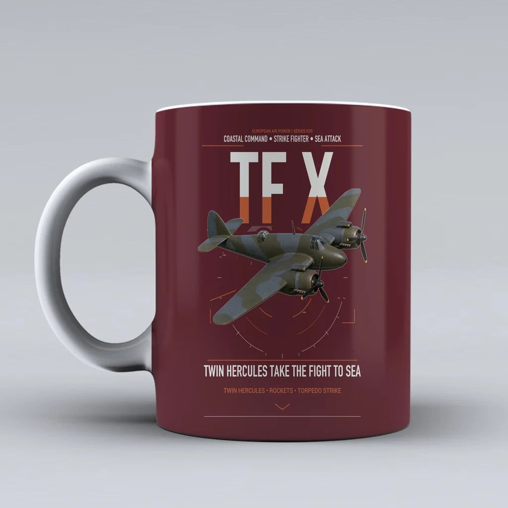 Bristol Beaufighter TF X design on dark red ceramic mug, double-side print