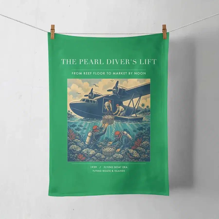 VINTAGE G4271 - The Pearl Diver's Lift - Designed Towels design on green