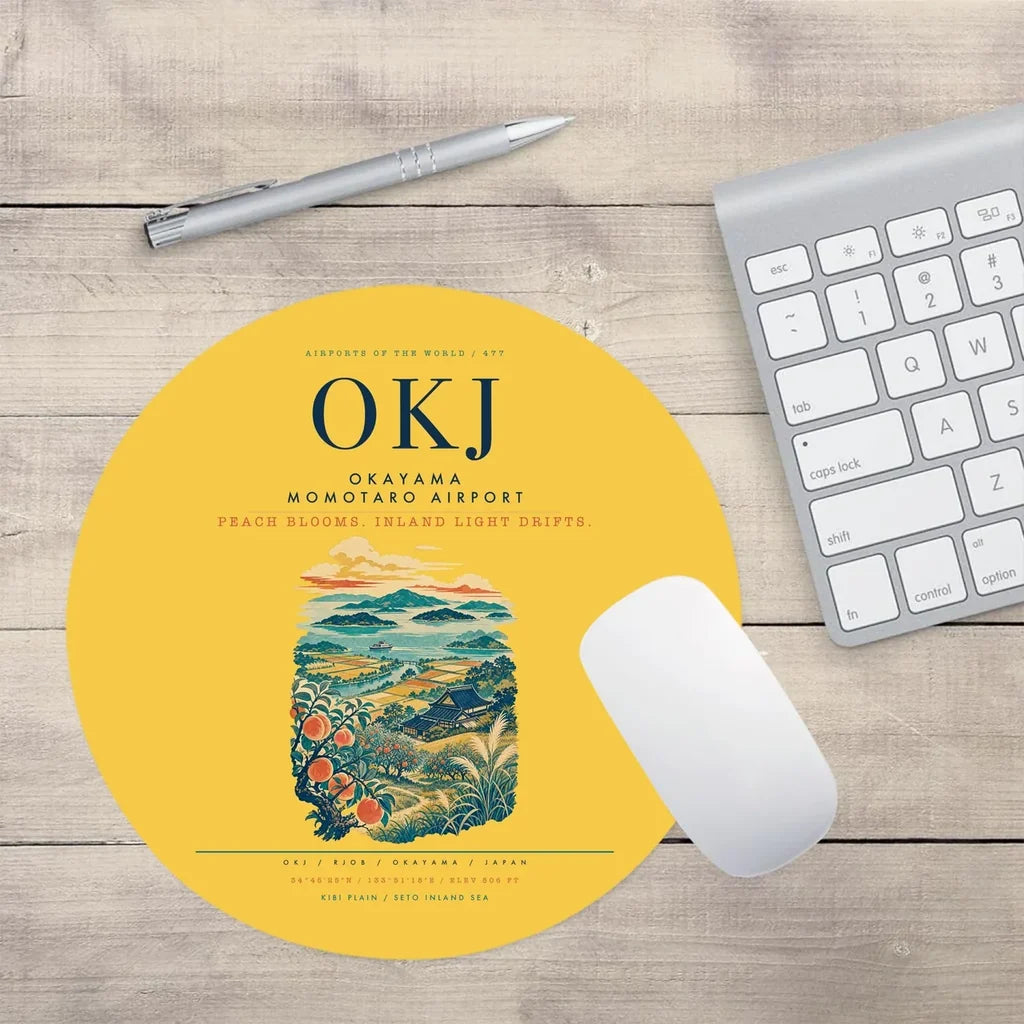 Okayama Momotaro Airport (OKJ) design on yellow round mouse pad