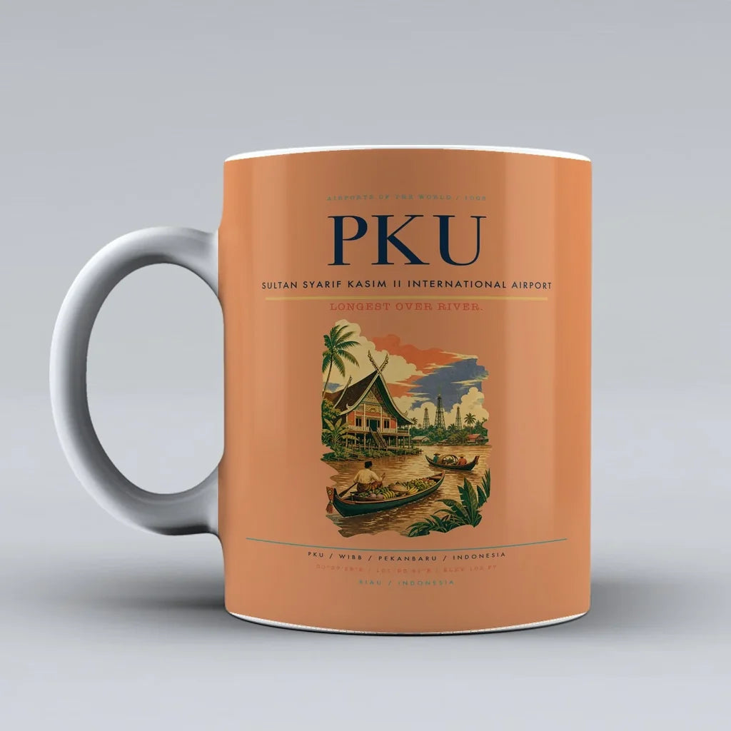 Sultan Syarif Kasim II International Airport (PKU) airport code design on orange ceramic mug
