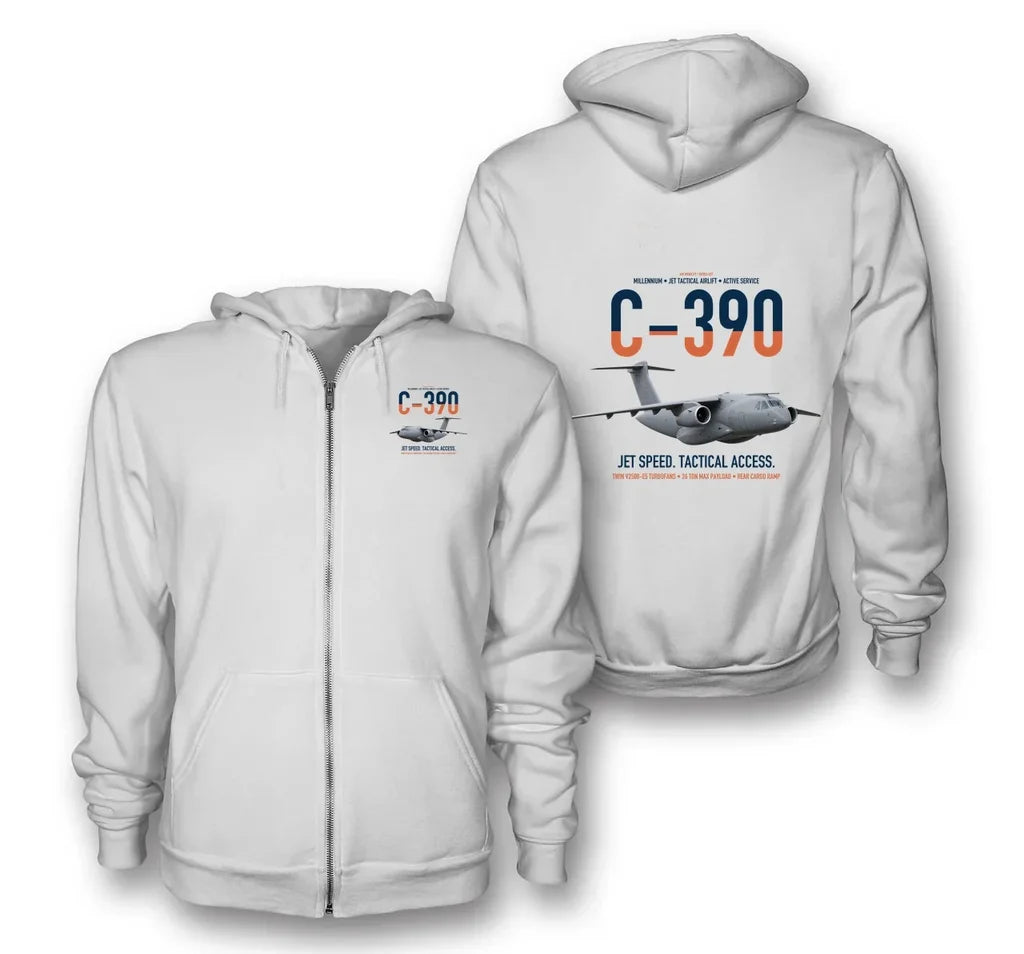 C-390 Millennium design on white premium zipped hoodie, double-side print