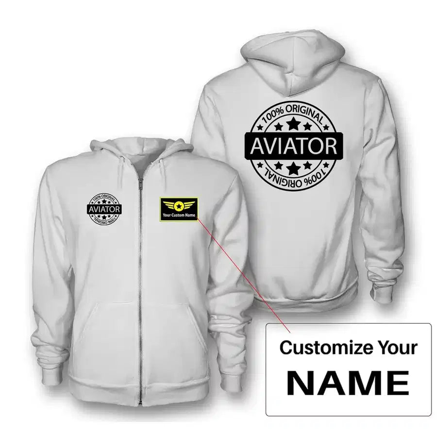 %100 Original Aviator Zipped Hoodie - White + Name (Customizable)