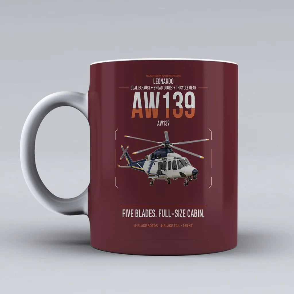 Leonardo AW139 design on dark red ceramic mug, double-side print