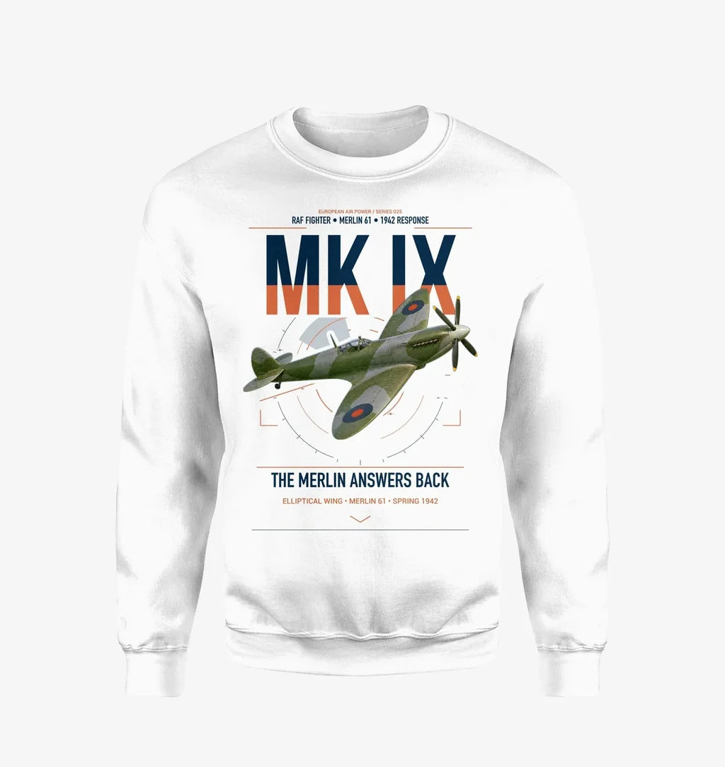 Supermarine Spitfire Mk IX design on white sweatshirt