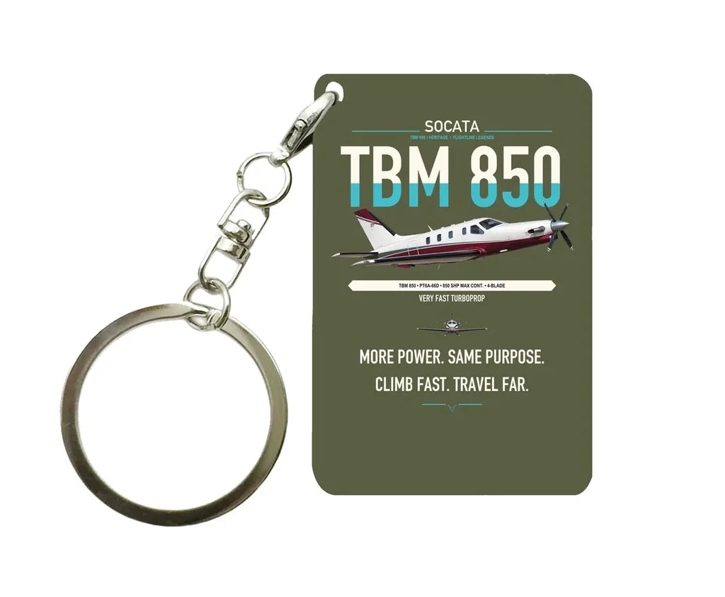 Socata TBM 850 design on green army designed key chain, double-side print