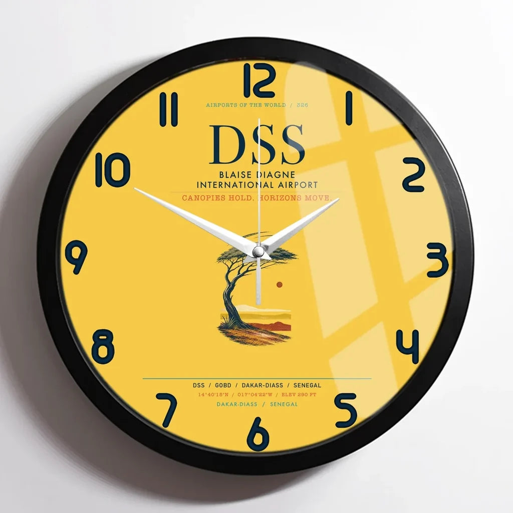 Blaise Diagne International Airport (DSS) design on yellow framed wall clock