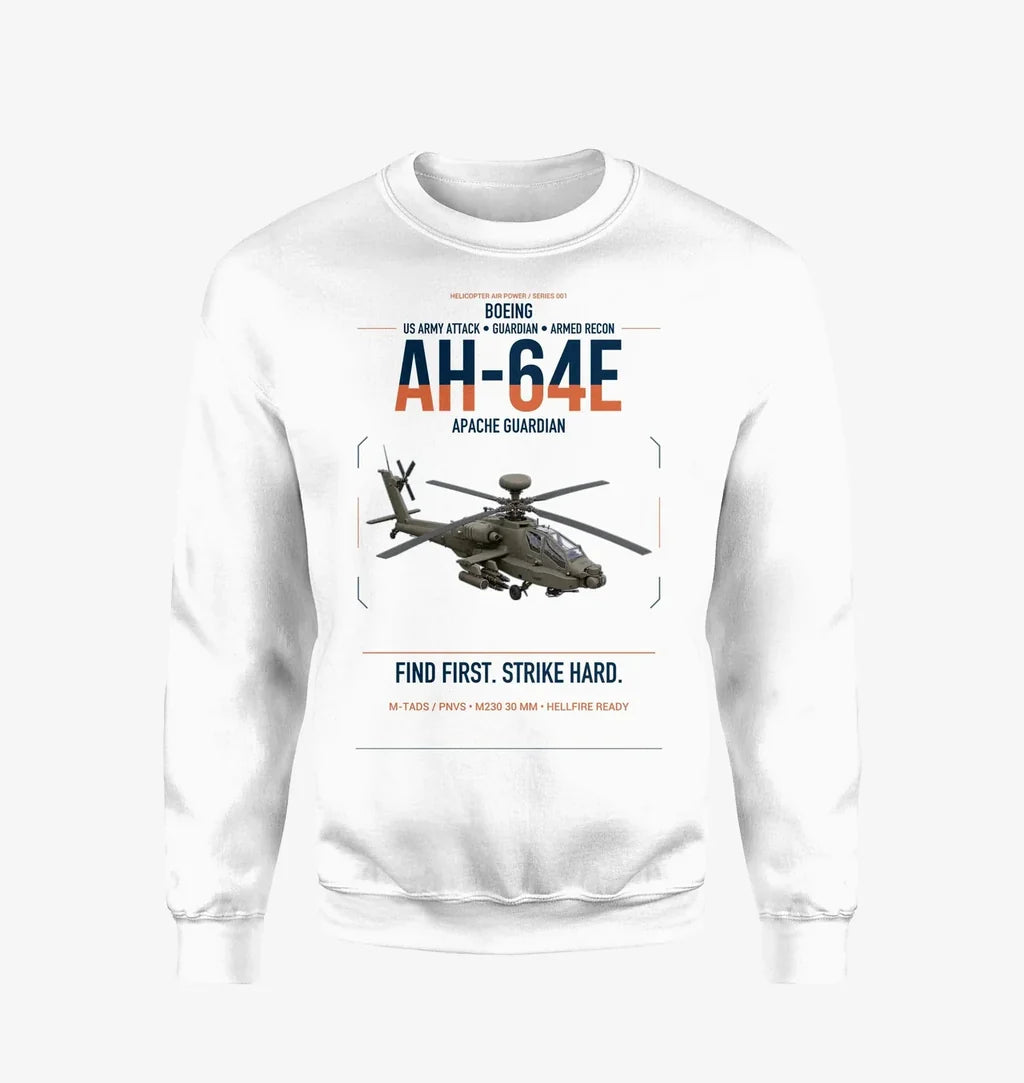 Boeing AH-64E Apache Guardian design on white sweatshirt