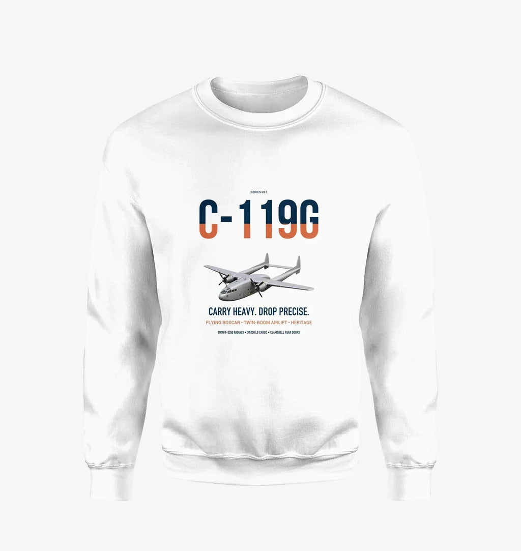 C-119G Flying Boxcar design on white sweatshirt