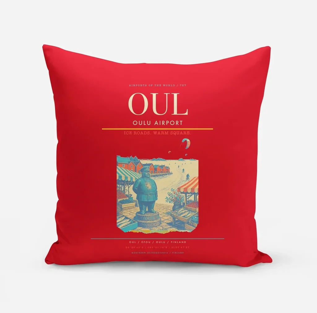 Oulu Airport (OUL) design on red pillow