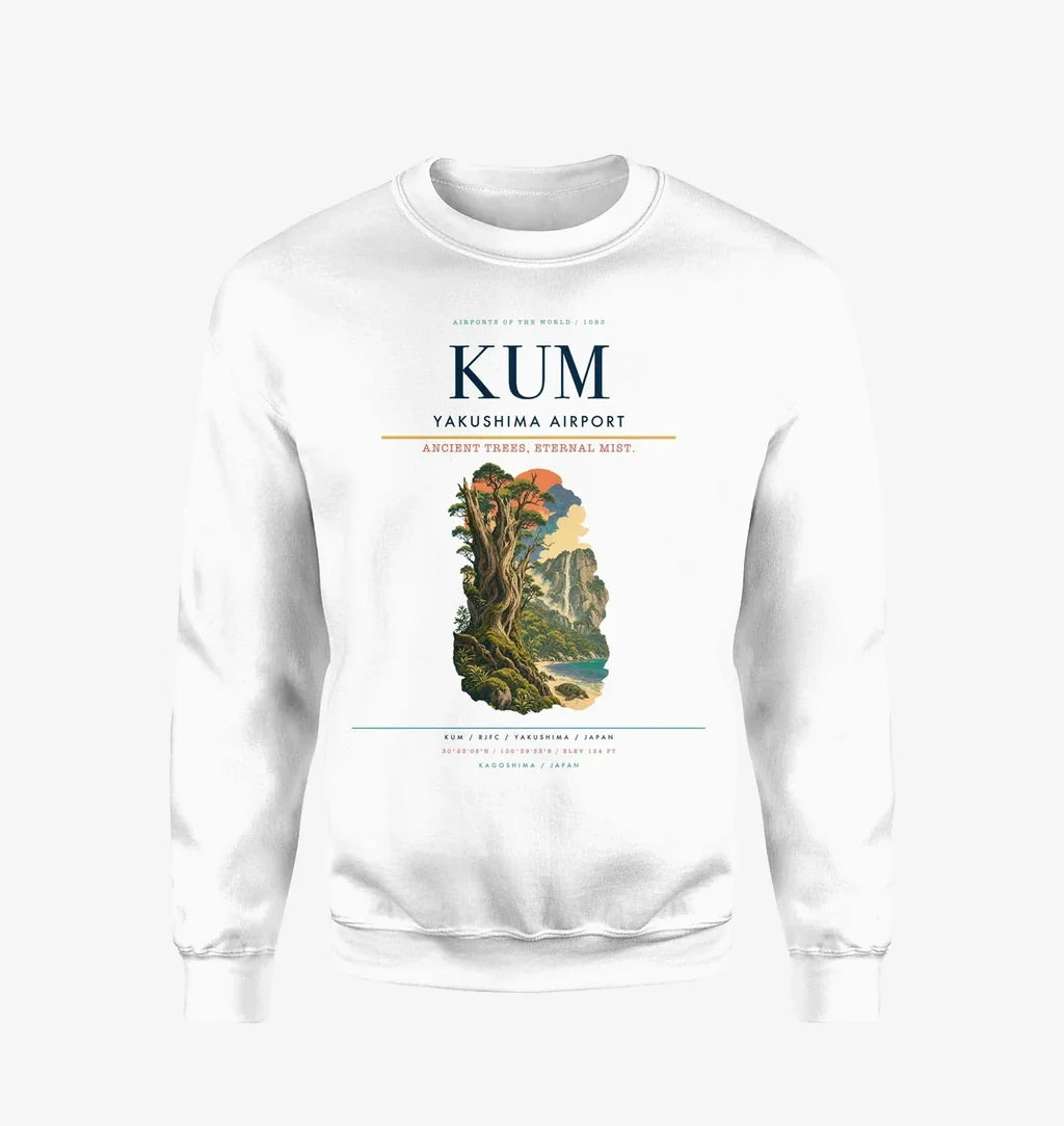 Yakushima Airport (KUM) design on white sweatshirt