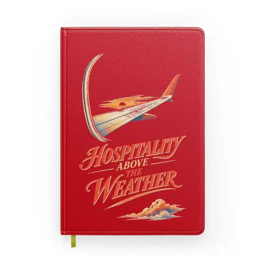 Hospitality Above The Weather design on red notebook