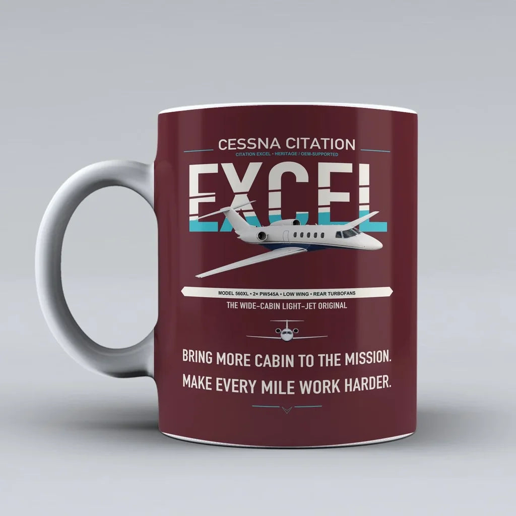 Cessna Citation Excel design on dark red ceramic mug, double-side print