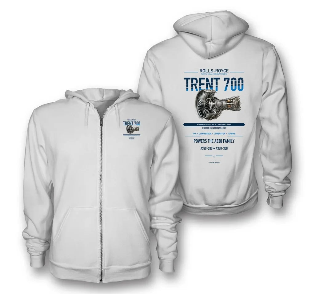TRENT 700 design on white zipped hoodie