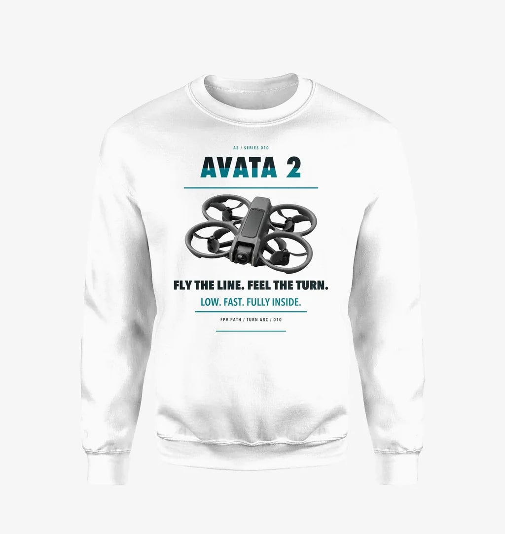 DJI Avata 2 design on white sweatshirt