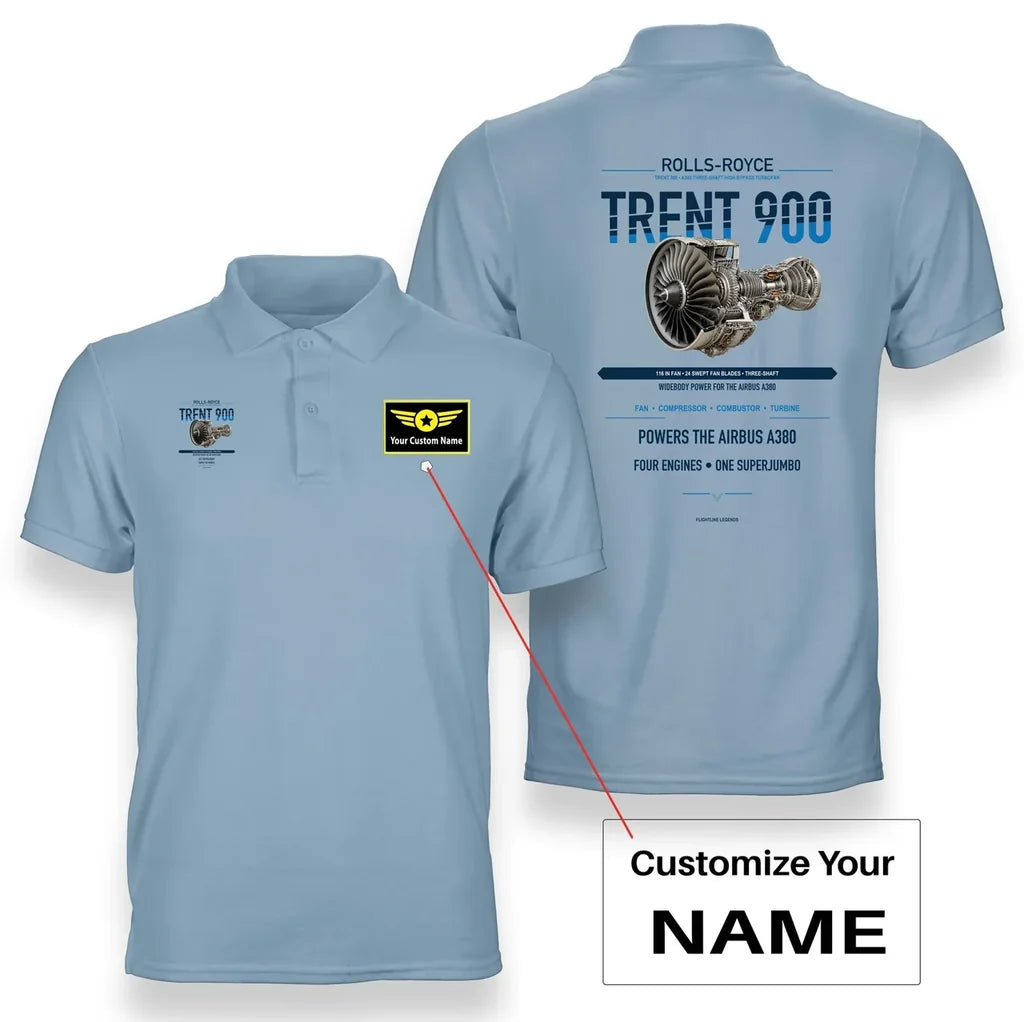 TRENT 900 design on light blue polo with custom name badge