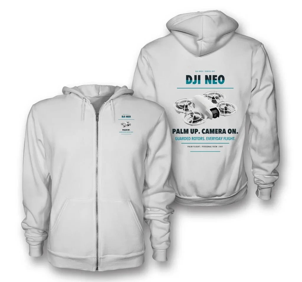DJI Neo design on white zipped hoodie
